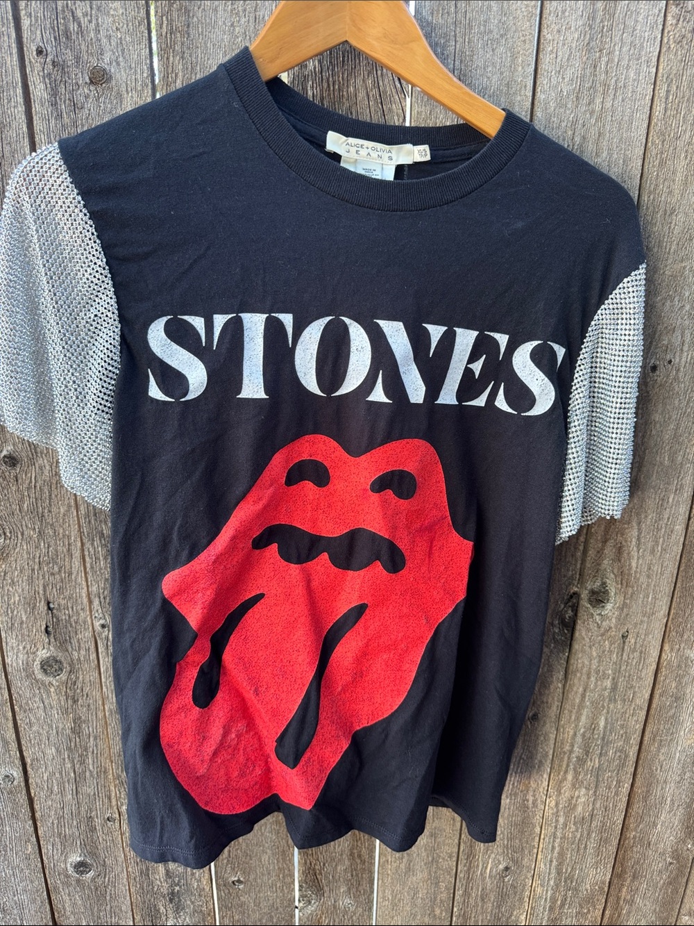 Alice + Olivia Black Tee with Red Tongue Graphic and Gray Patterned Sleeves